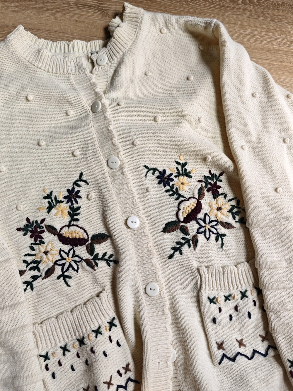 Rare Cozy Vintage CLIMAX BY SACHA Cream Embroidered  Women’s Cardigan